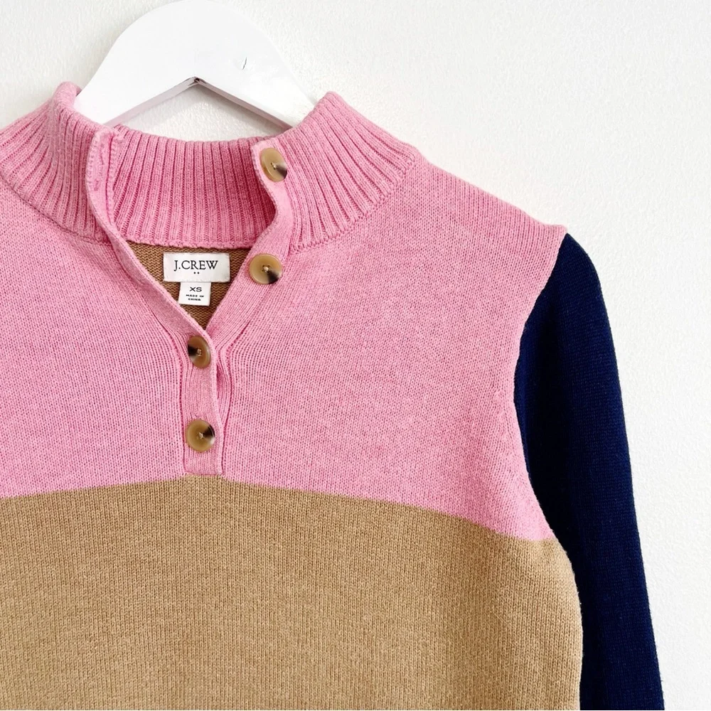 BOGO! J. Crew Henley Pullover Sweater Colorblock Pink Navy Tan XS